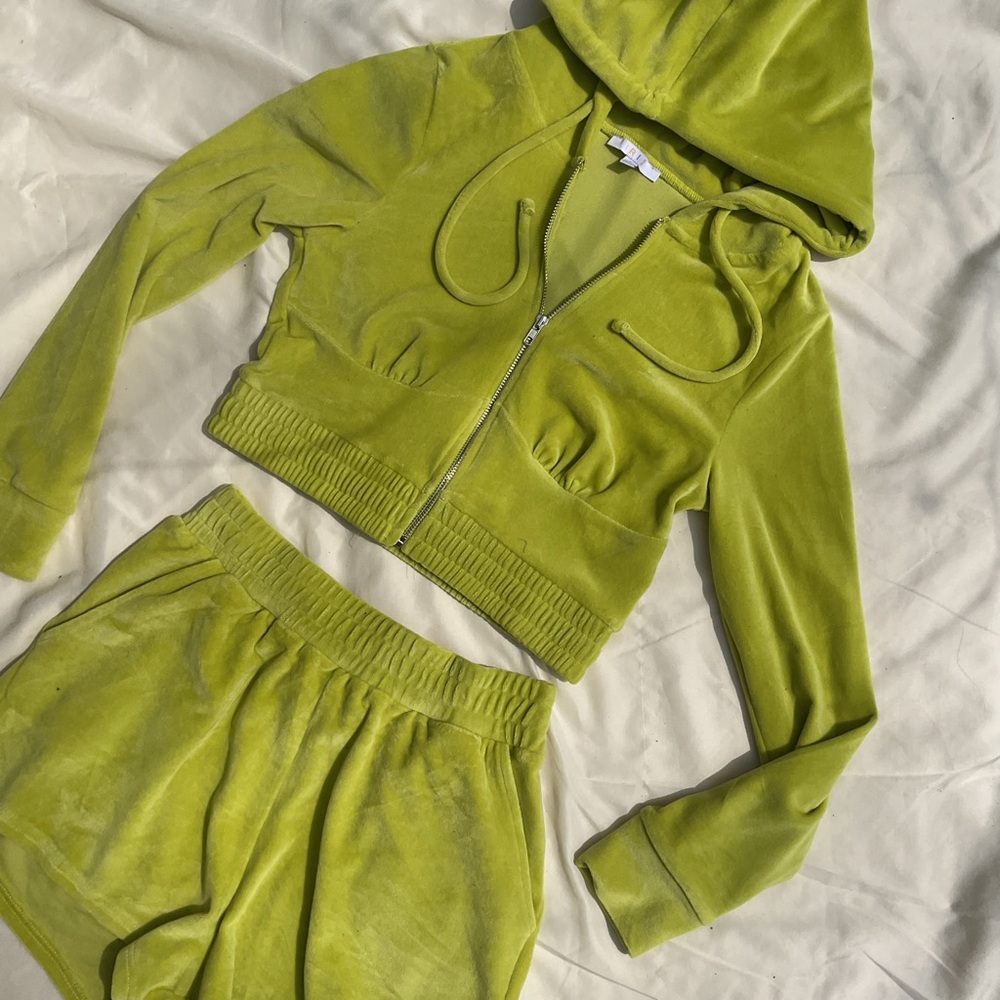 Lime Green Velour Cropped Hoodie and Shorts Set